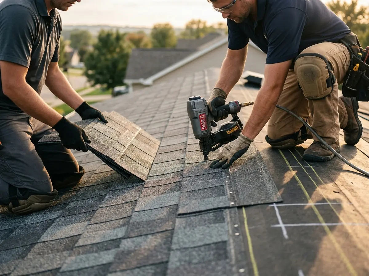 Professional roofer working on a residential roof in Buckhall